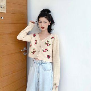 Floral Embroidered Cropped Cardigan As Shown In Figure - One Size