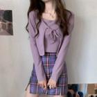 Plain Camisole Top / Light Jacket / Plaid Pencil Skirt