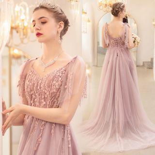 Cap-sleeve Trained A-line Evening Gown