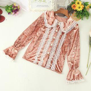 Lace Trim Bell-sleeve Velvet Blouse
