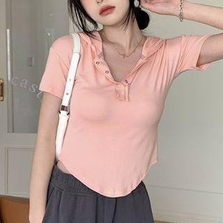 Short-sleeve Henley Hooded Top