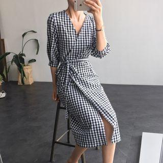 Elbow-sleeve Plaid Midi Wrap Dress