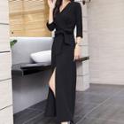 3/4-sleeve Split-hem Maxi Sheath Dress