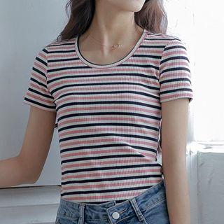 Striped Short-sleeve Ribbed T-shirt