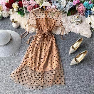 Short-sleeve Dotted Midi A-line Mesh Dress Khaki - One Size