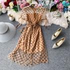 Short-sleeve Dotted Midi A-line Mesh Dress Khaki - One Size