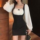 Long-sleeve Lace Trim Mini Sheath Dress Black & White - One Size
