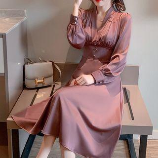 V-neck Shirred Satin Midi Dress