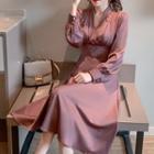 V-neck Shirred Satin Midi Dress