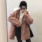Furry Hood Padded Zip Jacket Grayish Pink - One Size