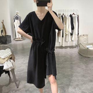 Plain Short-sleeve Tie-waist Asymmetric Hem Midi Dress