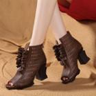 Genuine Leather Ruffle Peep-toe Chunky-heel Short Boots