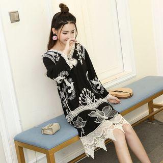 Long-sleeve Embroidered V-neck Dress Black - One Size