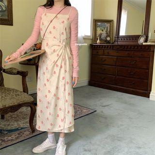 Long-sleeve Shirred Top / Floral Print Midi Pinafore Dress