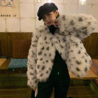 Dotted Fluffy Button-up Jacket Gray & White - One Size