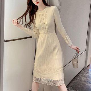Lace Overlay Midi A-line Knit Dress