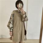 Plaid Shirt / V-neck Sleeveless Cable Knit Dress