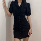 V-neck Puff Short-sleeve Sheath Dress