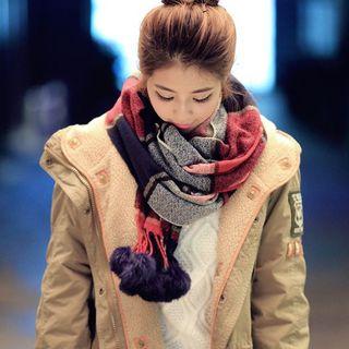 Pompom-accent Plaid Winter Scarf