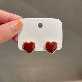 Heart Alloy Earring Eh1223 - 1 Pair - Gold & Red - One Size