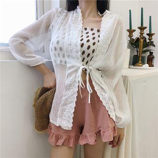 Print Ruched Cropped Camisole Top / Sheer Cover-up / Frilled Trim Shorts