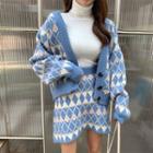Set: Loose-fit Argyle Cardigan + A-line Miniskirt