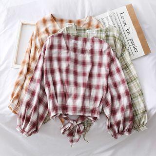 Ribbon-back Checked Crop Blouse