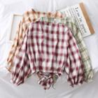 Ribbon-back Checked Crop Blouse