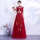 Elbow-sleeve Floral Embroidered Tasseled Lace A-line Bridal Qipao Dress
