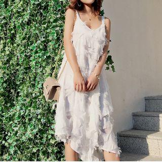 Fringed Trim Spaghetti Strap Midi Dress