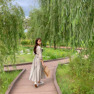Tie-waist Maxi Plaid Dress Ivory - One Size