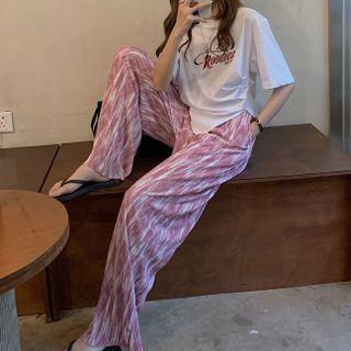 Short-sleeve Lettering Slit T-shirt / Tie-dyed Wide Leg Pants