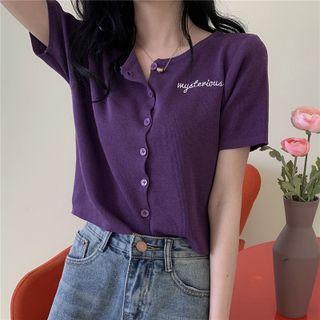 Short-sleeve Letter Embroidered Button-up Knit Top