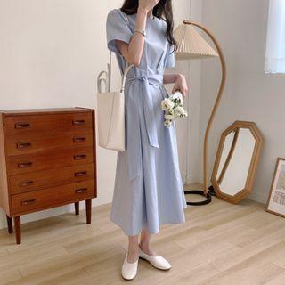 Tie-waist Elbow-sleeve Maxi A-line Dress