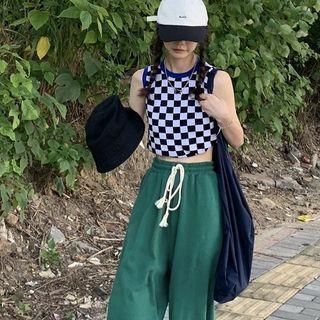 Sleeveless Checkerboard Contrast Trim Top Black & White - One Size