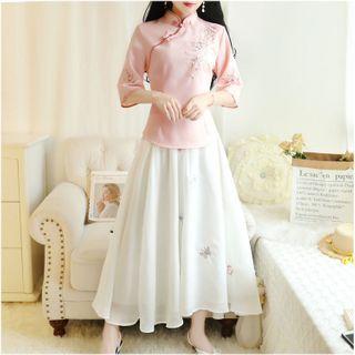 Set: Embroidered Hanfu Top + A-line Skirt