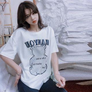 Short-sleeve Rhinestone Bear Print T-shirt