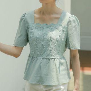 Elbow-sleeve Square-neck Peplum Blouse