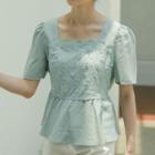 Elbow-sleeve Square-neck Peplum Blouse