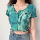 Butterfly Embroidered Tie-dyed Short-sleeve Cropped Top