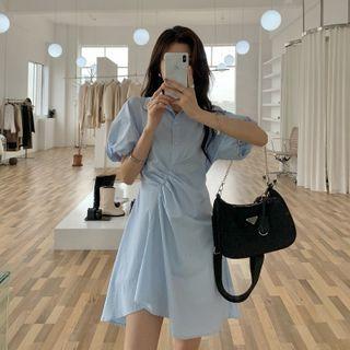 Asymmetrical Shirt Puff-sleeve Dress