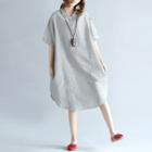 Elbow-sleeve Striped Stand Collar Midi A-line Dress Gray - L