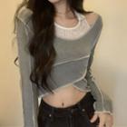 Cold-shoulder Lace Panel Cropped T-shirt Gray - One Size