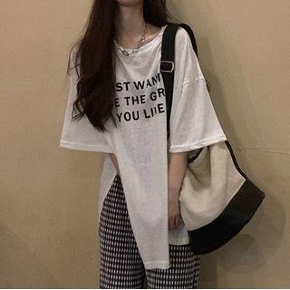 Elbow-sleeve Lettering T-shirt / Gingham Wide Leg Pants