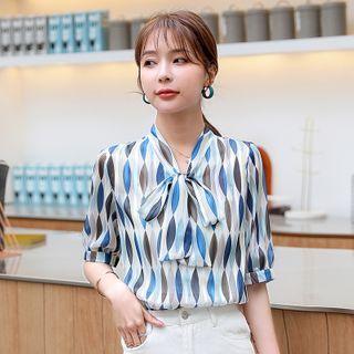 Print Short-sleeve Tie-neck Chiffon Blouse