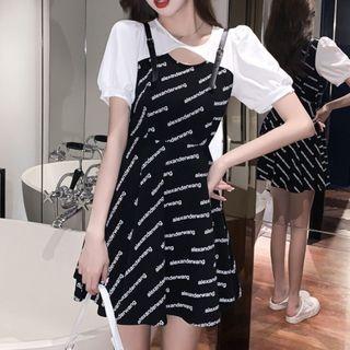 Short-sleeve Cutout Lettering Print Mini A-line Dress