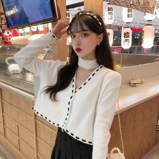 Cropped Stitch Trim Knit Cardigan