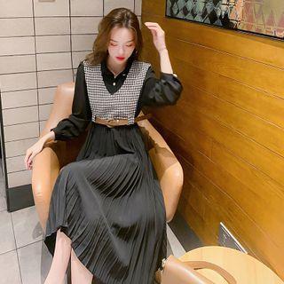 Set: Plain Pleated Shirtdress + Houndstooth Cropped Vest