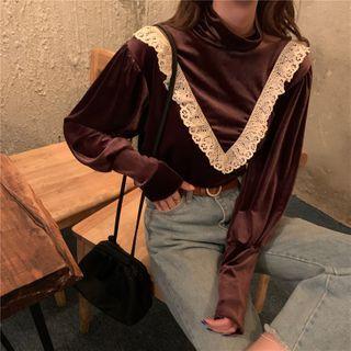 Lace Trim Mock Neck Long-sleeve T-shirt