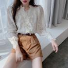 Puff-sleeve Floral Eyelet Lace Blouse / High Waist Shorts